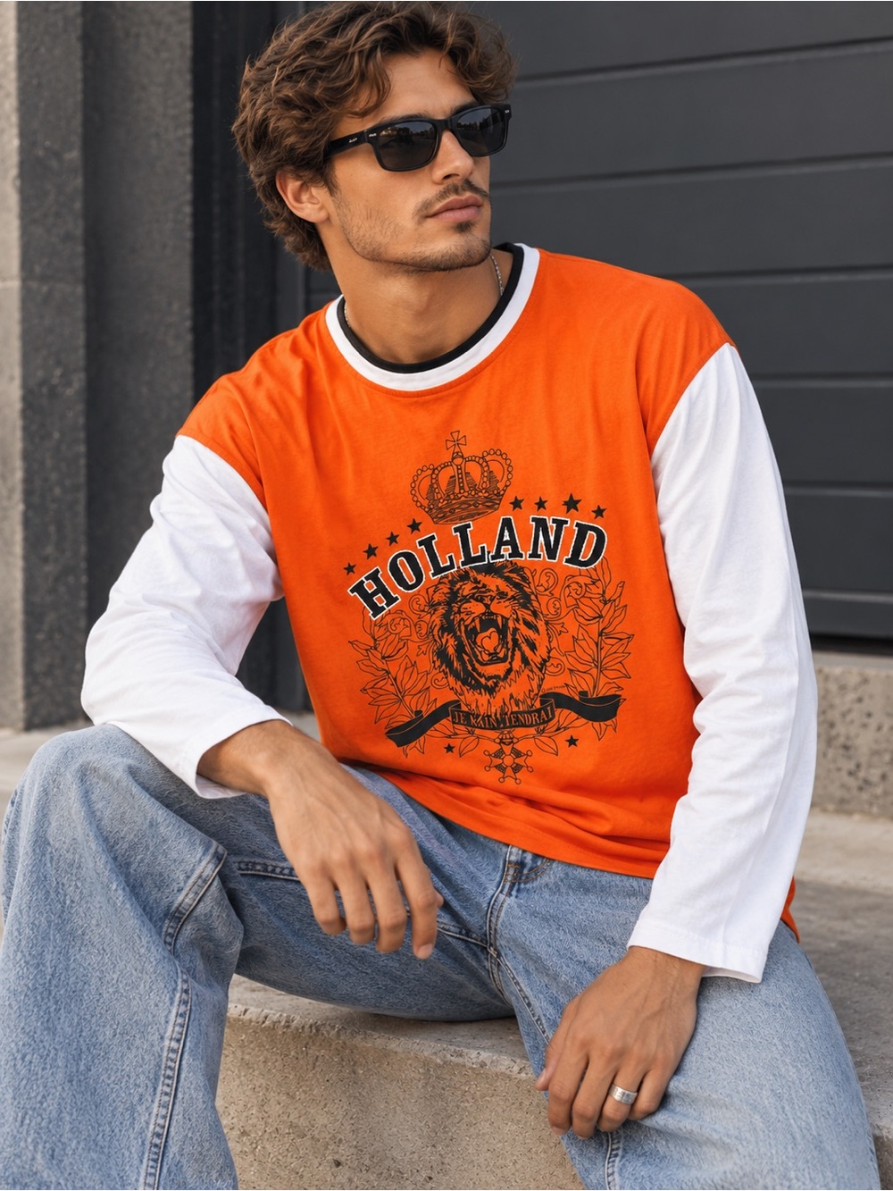 Kist Design Vintage 90s Y2K Holland Tiger Orange Colorblock Long Sleeve Shirt
